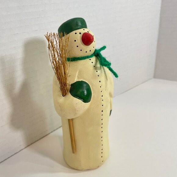 Vintage Snowman Figurine with Green Hat & Scarf Holding Broomstick - Rustic Wint - Picture 5 of 10
